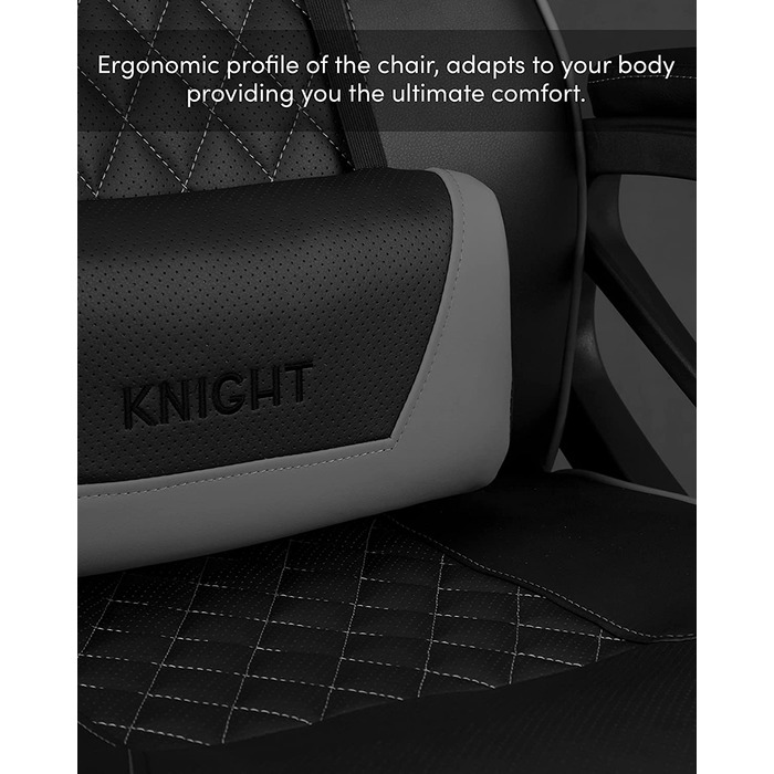 Ігрове крісло SENSE7 Knight, ергономічне, PU-шкіра, регульовані підлокітники, лордозна підтримка, офісний комп'ютерний стілець до 120 кг, чорний-сірий