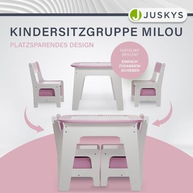 Дитяча стільниця Juskys Milou - комплект з 2 стільців та столу - дерев'яний дитячий столик з місцем для зберігання, стільниця для малювання (рожева)
