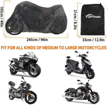 Чохол для мотоцикла TOPTREK XXL водонепроникний, зимовий, 210T Oxford, для Harley-Davidson, Honda, Suzuki, Kawasaki (245×105×125 см)