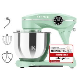 Кухонний комбайн KLAMER 1800W, планетарний міксер для тіста з чашею 6л з нержавіючої сталі, 10 швидкостей, таймером та набором насадок (Premium Mint)