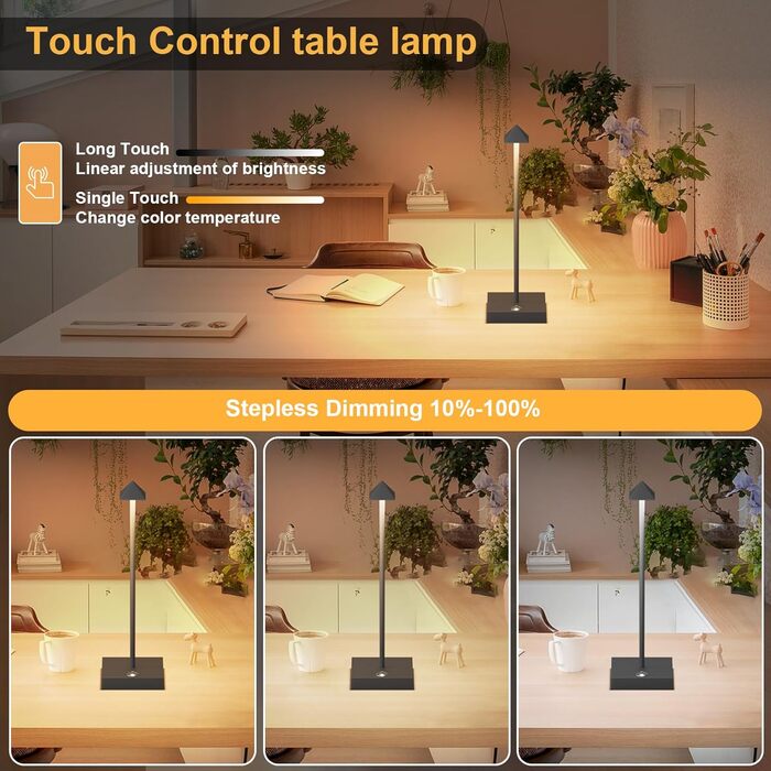 LED настільна лампа Aipsun, 2 шт., димована, акумуляторна, бездротова, антрацит, алюміній, IP54, USB-C, 2700K/4000K/6000K, водостійка