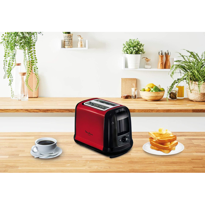 Тостер Moulinex LT261D Subito, 850 Вт, 2 слоти, червоно-чорний, з підставкою для булочок, регульовані ступені підсмажування, розморожування та підігрів