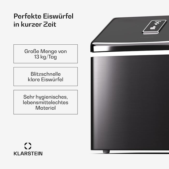 Льодогенератор Klarstein, нерж. сталь, 13 кг/24 год, сенсорний екран, прозорі кубики льоду, енергоефективний, для вечірок, чорний