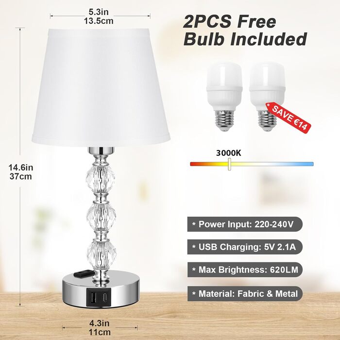 Настільна лампа Kakanuo з димером, 2 шт, кришталева, USB-A+C, LED, сучасна, білий текстильний абажур, для спальні, вітальні, офісу, готелю, 37 см