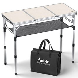 Складаний кемпінговий стіл Anbte з алюмінієвою рамою 60x40 см, регульована висота (26/48/70 см), портативний стіл для пікніка, пляжу та балкона з сіткою для зберігання