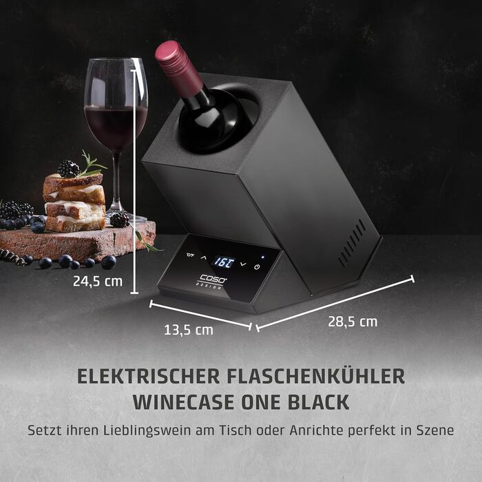 CASO WineCase One Black - Витримання вина: міні-холодильник для однієї пляшки, 5-18°C, діаметр до 9 см, сенсорне керування, чорне сталеве покриття