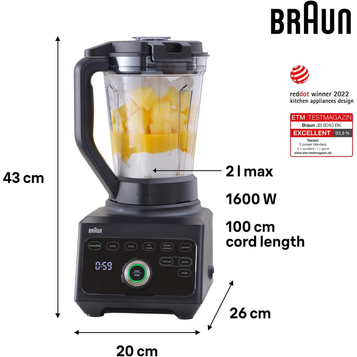 Блендер Braun PowerBlend 9 JB9040BK чорний, 1600 Вт, 2л, 18 програм, 10 швидкостей, професійний