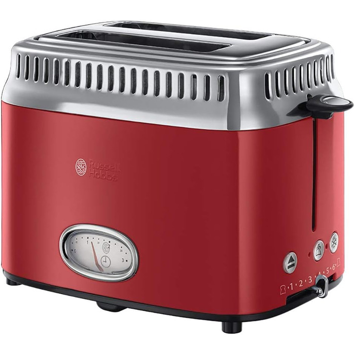 Тостер Russell Hobbs Retro 21680-56, нержавіюча сталь, червоний, 2 тости, 6 режимів, розморожування, підігрів