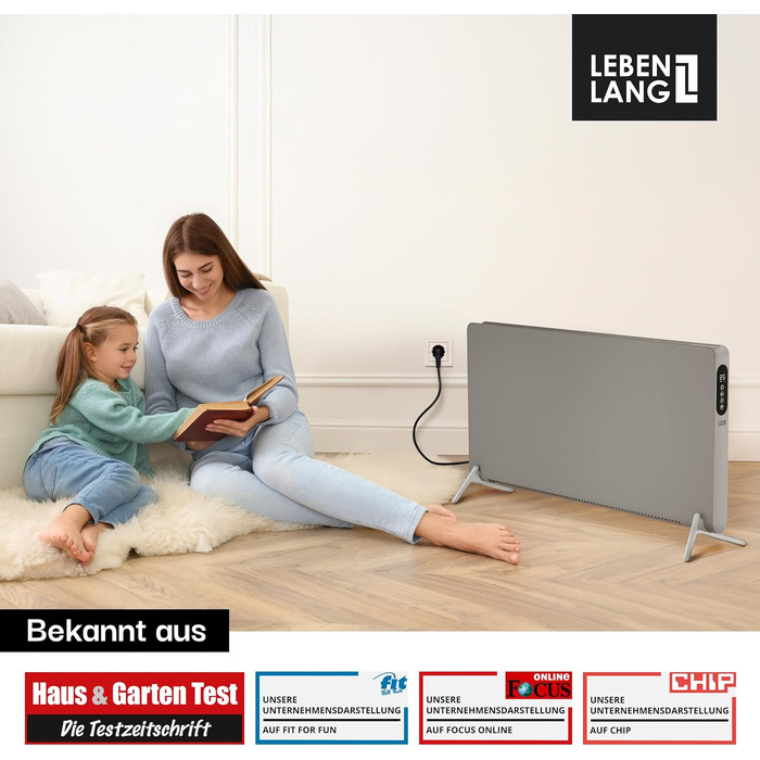 Електричний обігрівач-радіатор LEBENLANG 2000W з WiFi та керуванням через додаток, енергоощадний, сірий