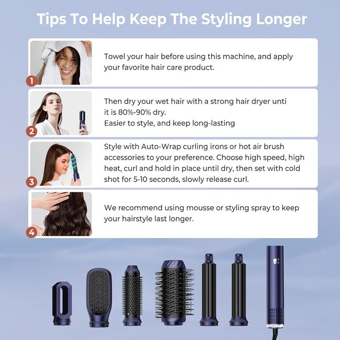 UKLISS 6-в-1 Hairstyler: Фен-щітка для волосся з насадкоми, автоматична плойка, професійний фен-розкручувач для об'єму та укладки (Синій)