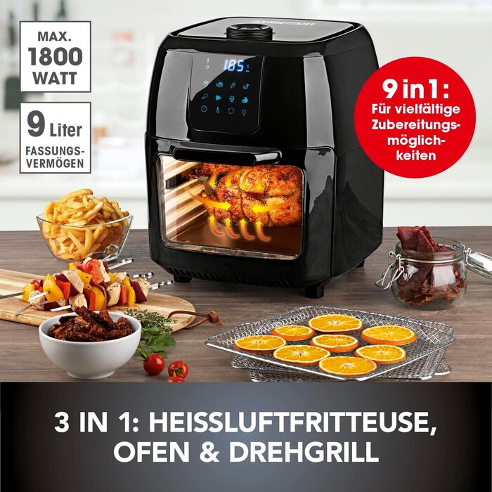 GOURMETmaxx цифрова аерофритюрниця XXL 9 л, 1800 Вт, чорна — електрична повітряна фритюрниця з таймером, сенсорним дисплеєм, 8 програмами, вертелом і шампурами для шашлику, для здорового та енергоощадного приготування