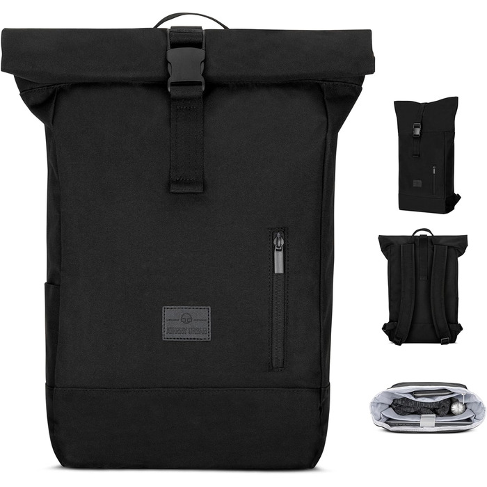 Рюкзак Johnny Urban Robin Medium чорний, ролтоп, водостійкий, з відділенням для ноутбука 15L, для жінок і чоловіків, для університету, бізнесу, велосипеда, екологічний
