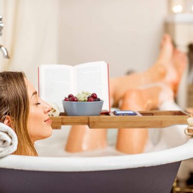 Полиця для ванни Relaxdays XL з підставкою для книги та планшета, розсувна, бамбук, натуральний колір, 70-105 см