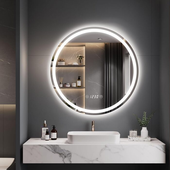Дзеркало для ванної кімнати Dripex круглої форми з підсвічуванням LED, сенсорне керування, регулювання яскравості, 3 кольори світла, запобігання запотіванню, 50x50 см