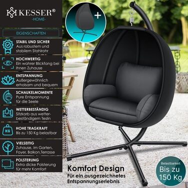 Підвісне крісло-кокон KESSER Luxe з каркасом, м'якою подушкою та захистом від дощу, для дому і саду, антрацит, навантаження до 150 кг