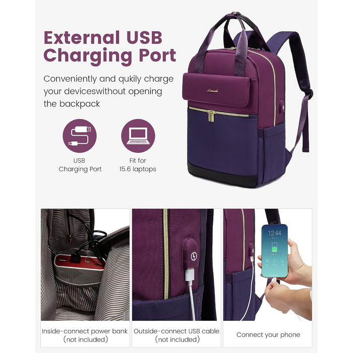 Жіночий рюкзак LOVEVOOK для ноутбука 15.6 дюймів з USB-портом, водонепроникний шкільний та міський рюкзак для дівчат, офісу та подорожей, фіолетово-блакитний