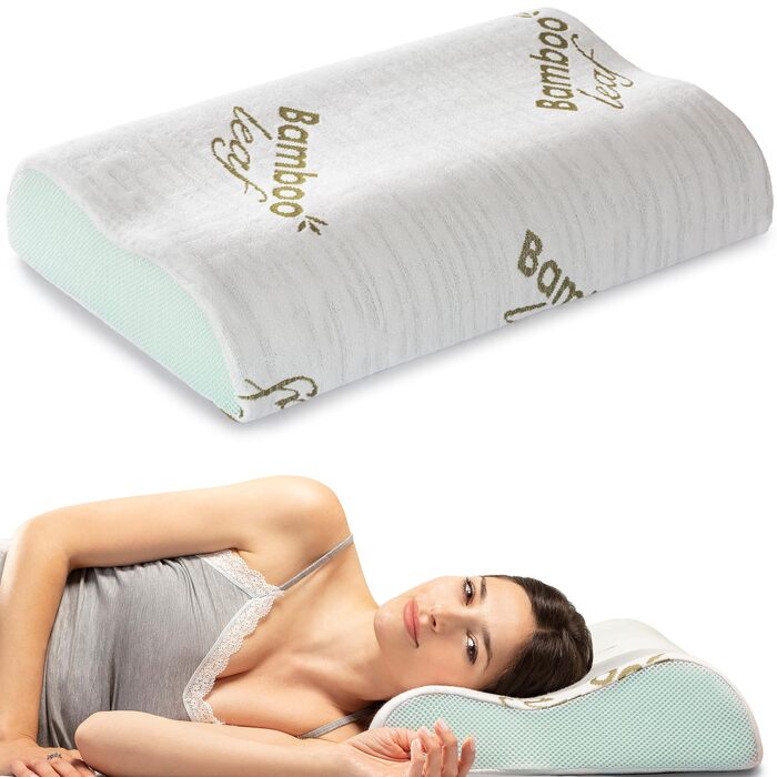 Ортопедична подушка для шиї з піни Memory Foam з Aloe Vera, знімний бамбуковий чохол. Для ліжка, при болях у шиї та підтримки хребта