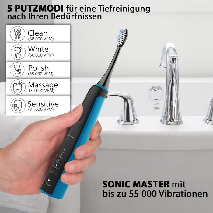 Електрична зубна щітка Tristan Auron SonicMaster (Блакитна) - 6 голів + чохол - 5 режимів, 55000 VPM, таймер 2 хв, 100 днів гарантії