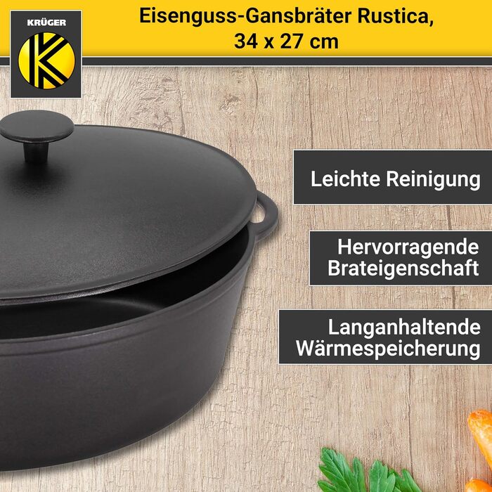 Жаровня Krüger Rustica з кришкою, емальована, чавунна, для гуски, 34×27×12,5 см, висока термостійкість, підходить для всіх типів плит, включаючи індукцію