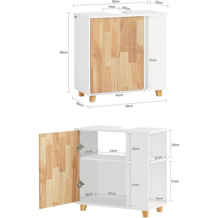 Тумба під раковину SoBuy BZR75-W, біло-натуральна, 60x60x29 см, шафа для ванної, меблі для ванної кімнати