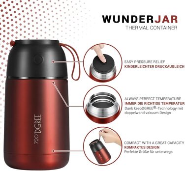 Термос для їжі 720°DGREE wunderJar 450/650 мл, нержавіюча сталь, герметичний, BPA-free, червоний, для гарячих і холодних страв, супу, мюслі, дитячого харчування, комплект з рецептурною книгою