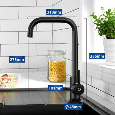 Змішувач для кухні CECIPA чорний з нержавіючої сталі, поворотний на 360°, з одноважільним керуванням, підключення G3/8