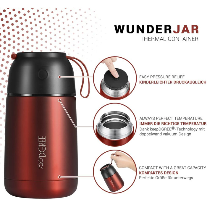 Термос для їжі 720°DGREE wunderJar 450/650 мл, нержавіюча сталь, герметичний, BPA-free, червоний, для гарячих і холодних страв, супу, мюслі, дитячого харчування, комплект з рецептурною книгою
