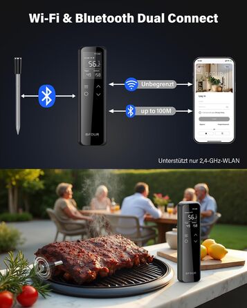 Термометр для гриля та м'яса з Wi-Fi та Bluetooth BFOUR: 6 датчиків, IP67, 2600mAh, керування через додаток