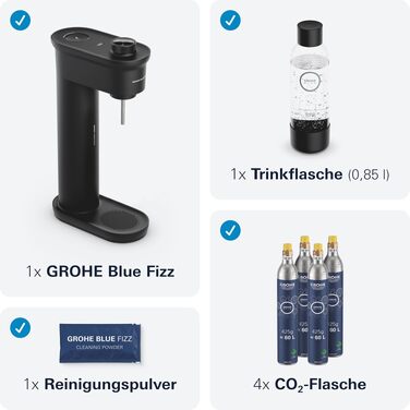 Сифон для газування води GROHE Blue Fizz Starter Set, чорний (3 рівні газування, пляшка 0.85л, порошок для очищення), 31943K00
