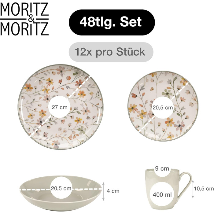Набір посуду Moritz & Moritz PRIMAVERA Steingut для 12 осіб (48 шт.) - сучасний сервіз з іграшковим дизайном, легкий у догляді, включає ‎12 мисок, 12 чашок, 12 десертних тарілок, 12 обідніх тарілок