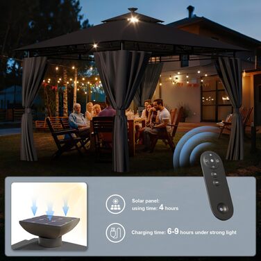 Альтанка садова Devoko 3x3 м, водонепроникна, зимова, з LED, сіра. Альтанка-пергола для вечірок 4-8 осіб, захист від UV 50+