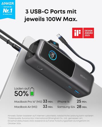 Powerbank Anker 25000mAh з 3 портами USB-C 100W, вбудований кабель, для iPhone, MacBook, Samsung