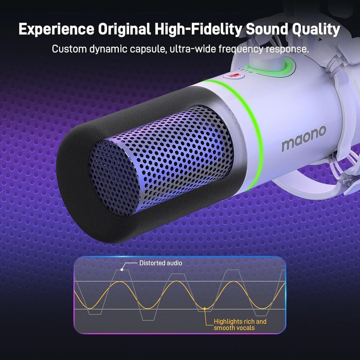 MAONO XLR/USB динамічний мікрофон для подкастів, RGB підсвітка, з програмним забезпеченням, кнопка вимкнення звуку, регулятор гучності, підвіс для стрімінгу, ігор, озвучення, запису, PD200XS, білий
