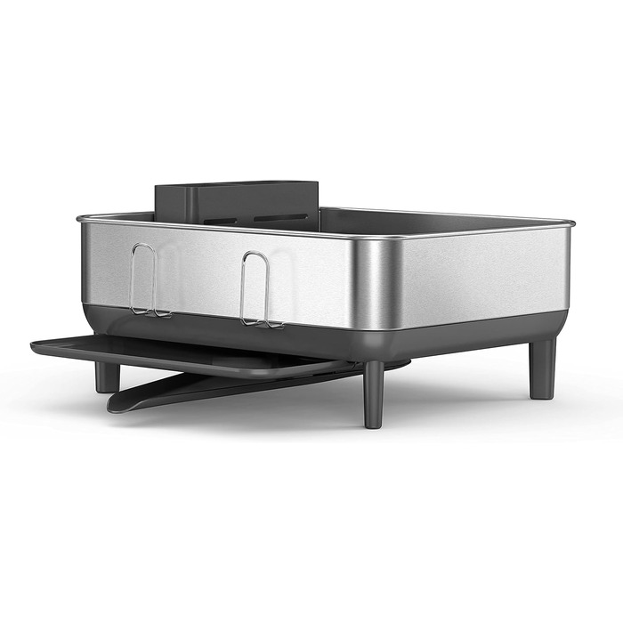 Підставка для сушіння посуду simplehuman KT1181 зі сталевим каркасом, піддоном та тримачем для столових приборів, велика, матовий нержавіючій сталь, сіра