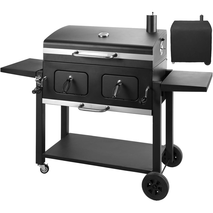 XXL вугільний гриль Grillwagen з кришкою, коптильня, гриль з колесами, ручка з нержавіючої сталі, грати, термометр, підлоговий гриль, 154.5 x 89 x 122 см