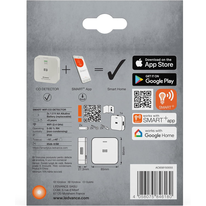 Розумний датчик чадного газу LEDVANCE SMART+ з WiFi, сертифікований EN 50291, білий