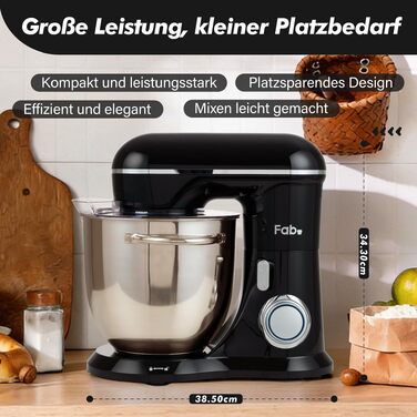 Кухонний комбайн Kitchen in the box Fab-Serie, потужний планетарний міксер 1300 Вт, 10 швидкостей, чаша 6 л, чорний (з гаком, вінчиком та мішалкою)