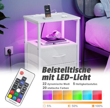 Нічний столик з LED-підсвіткою та функцією зарядки, з шухлядою, 3 розетки AC та USB, для вітальні та спальні (40T x 30B x 60H cm, Білий, 2 шт.)