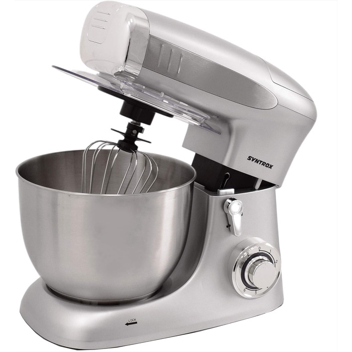Кухонна машина Syntrox Germany KM-1300W Silver de Luxe з м'ясорубкою, міксером і 6,5 л чашею з нержавіючої сталі, 1300 Вт, срібляста