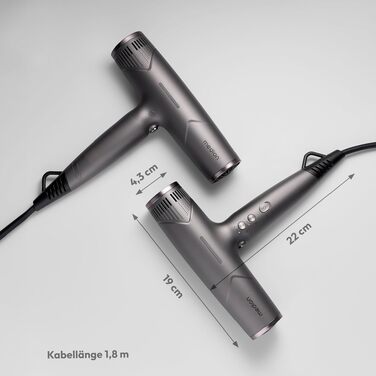 Іонізуючий фен для волосся MEDION HD2, 1500 Вт, з BLDC-мотором, дифузором та 2 насадками для стайлінгу, функція самоочищення, сірий
