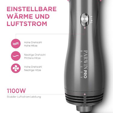 Фен-щітка 4-в-1 PARWIN PRO BEAUTY, 1000 Вт, іонна, професійна, насадки для сушки, випрямлення, об'єму та стайлінгу, сіра