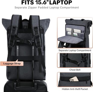 Рюкзак LOVEVOOK Rolltop для чоловіків і жінок, водонепроникний, для ноутбука 15,6'' – шкільний, дорожній, ручна поклажа для подорожей і бізнесу, чорний