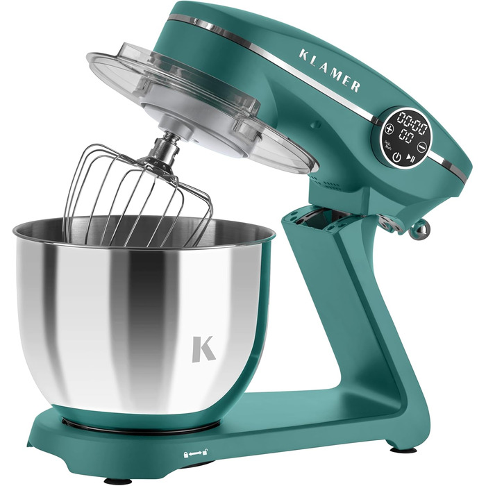 Кухонний комбайн KLAMER 1800W — Планетарний міксер для тіста з чашею 6л, 10 швидкостями та таймером, набір насадок (гак, вінчик, міксер), колір бірюзовий