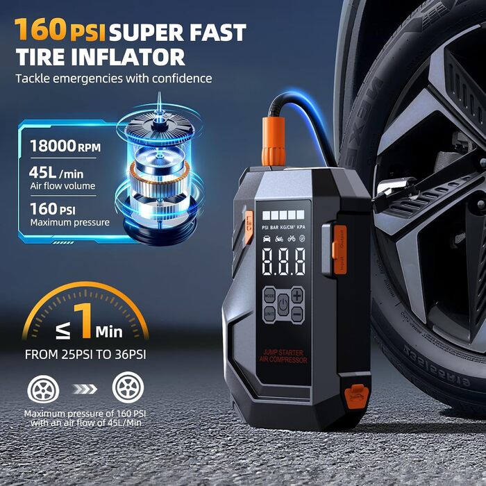 Пусковий пристрій для авто (бустер) 6000A 10-в-1 з компресором для шин 160 PSI, сіро-чорний