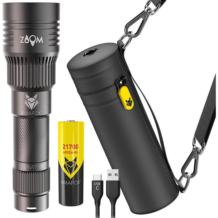Ліхтарик AMAFOX G8-NEO 2100 Люмен, LED, акумуляторний, надяскравий, графіт, USB-C, з неопреною сумкою та акумулятором 21700