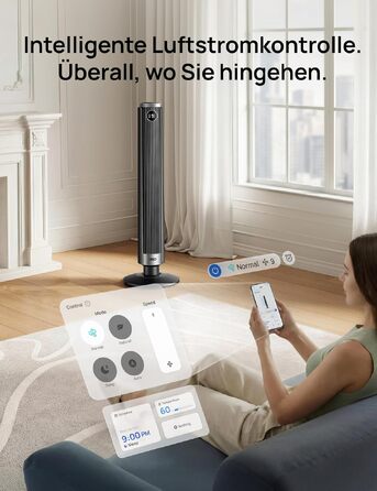 DREO Smart Tower Fan 102-114 см - Вежний вентилятор з пультом, 9 режимів, 4 режими, 90° осциляція, 12 год таймер, DC мотор, надтихий (20 дБ), для дому та офісу, чорний