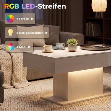 Сучасний журнальний стіл з LED-підсвіткою та місцем для зберігання, глянцевий, 2 шухляди, з пультом керування, білий