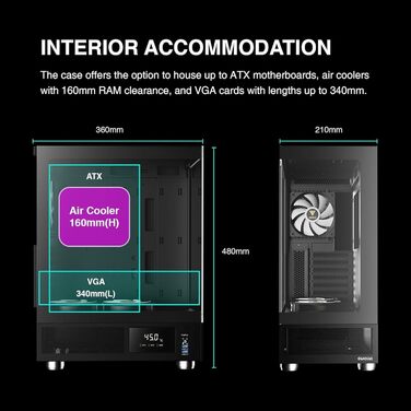 Корпус для ПК GAMDIAS Atlas E1 ATX Mid Tower з реальним монітором, 3 встановленими 120 мм ARGB вентиляторами, загартованим склом, високою вентиляцією, бічними отворами, чорний
