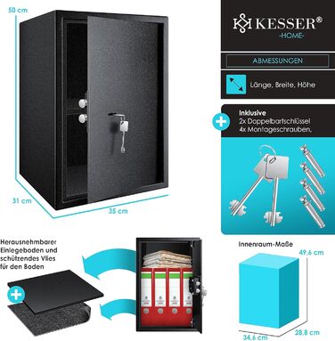 Сейф KESSER для меблів з двобортовим замком, чорний XL, 50x35x31 см, сейф для грошей, настінний/підлоговий, 2 ключі та кріплення