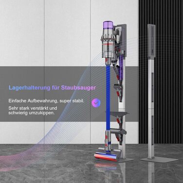 Стійка для бездротового пилососа Dyson з гачками для зберігання, сталь, сірий колір - настінний монтаж без свердління